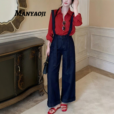 小众宽松背带阔腿牛仔裤女2025早秋新款百搭深色系显瘦休闲连体裤