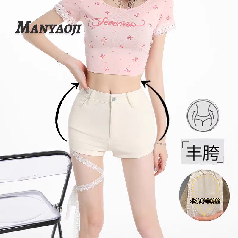 蕾丝绑带纯欲丰胯小短裤女2026夏季新款高腰紧身显瘦百搭牛仔热裤