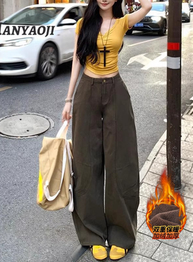 咖绿色复古弯刀阔腿裤女2026年冬季加绒高腰宽松显瘦休闲拖地长裤