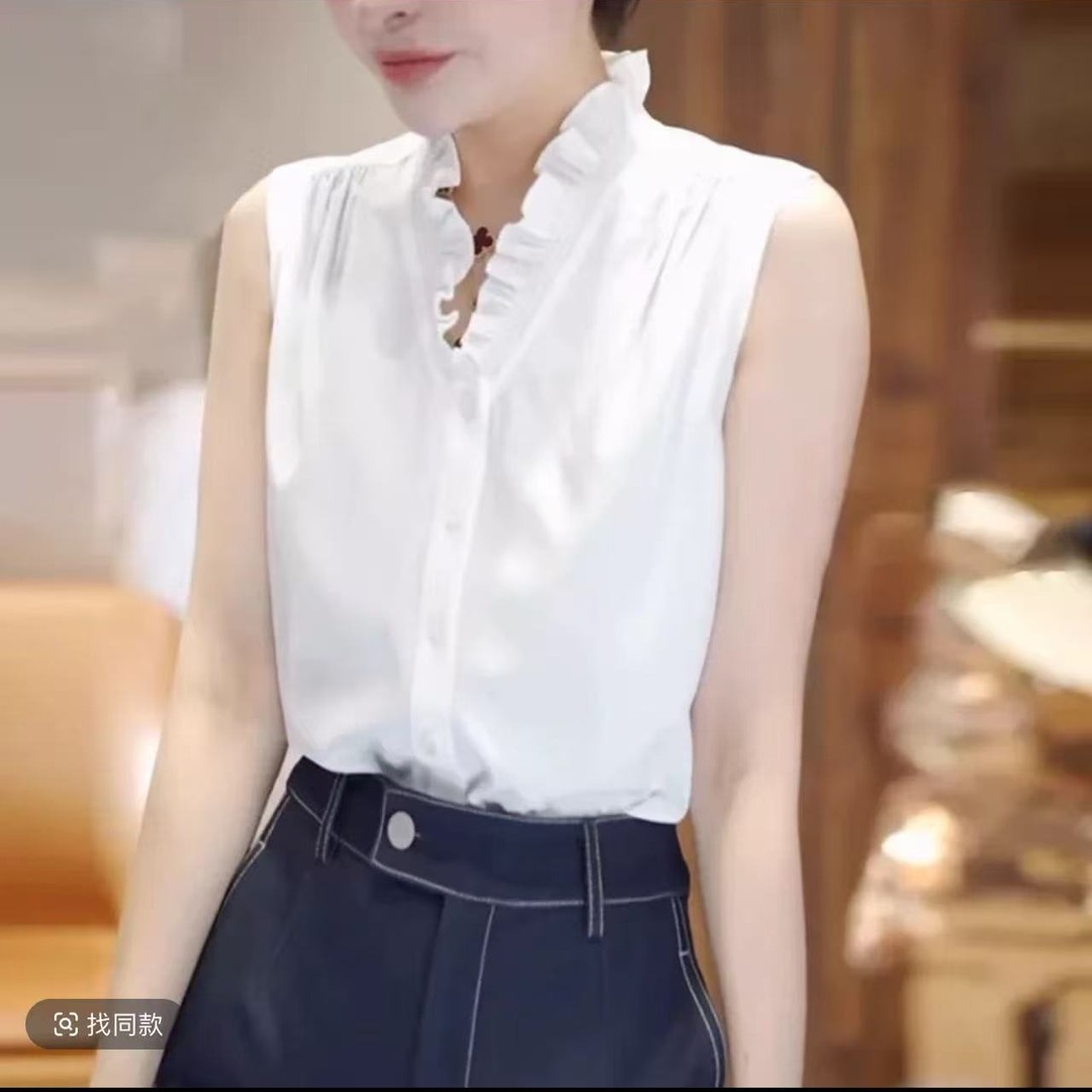 花边领V领白色无袖背心女内搭法式木耳边无袖衬衫打底衫西装内搭