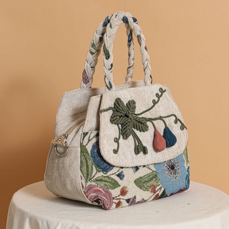 民族风立体编织帆布手提包手拎外出多隔层大容量布艺便携式斜挎包