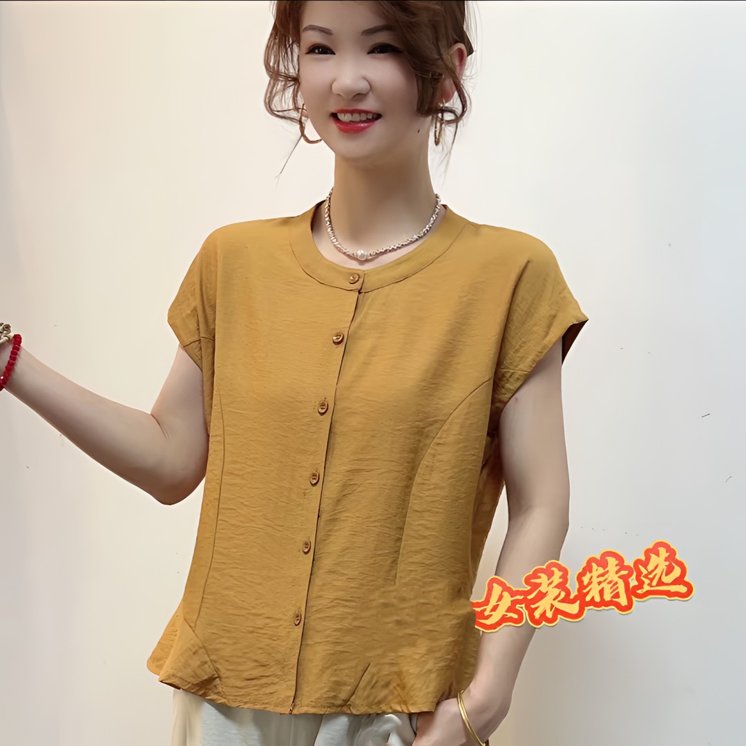 夏季新款圆领纯色休闲T恤衬衫显瘦减龄百搭复古气质女士薄款上衣