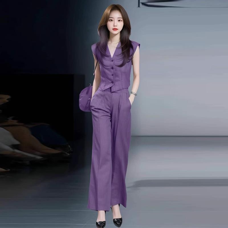 时尚套装女夏季新款洋气高级感职业套装显瘦V领上衣阔腿裤两件套