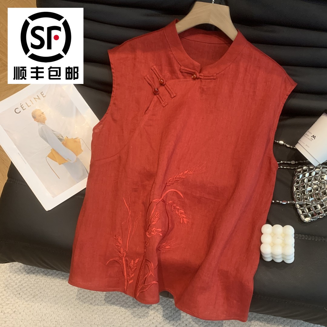2025夏季无袖新中式立领刺绣薄款衬衫时尚女装女士上衣套头T恤