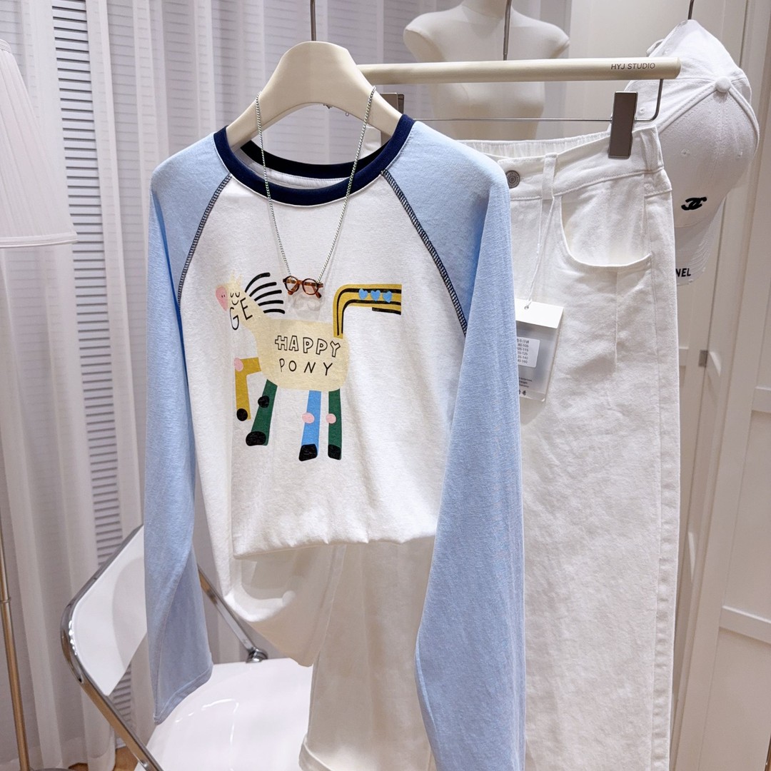 撞色印花防晒衫女2025夏季新款拼接圆领宽松上衣休闲百搭长袖T恤