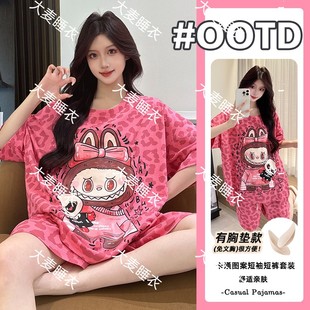 睡衣女卡通网红家居服套装 100%棉短袖 夏季 短裤 大麦 带胸垫2025新款