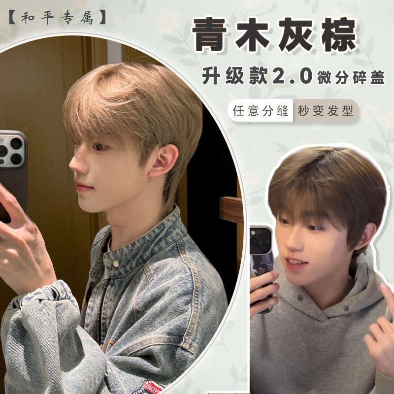 升级款2.0【青木灰棕】韩系帅气男生微分碎盖短发日常全头套 和平