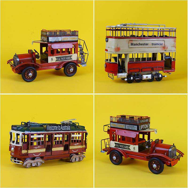 创意双层铁皮老爷车模型福特车模静态金属模型橱窗摆件