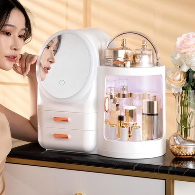【兴起双子】防尘化妆品收纳盒带化妆镜箱桌面梳妆化妆台置物架盒