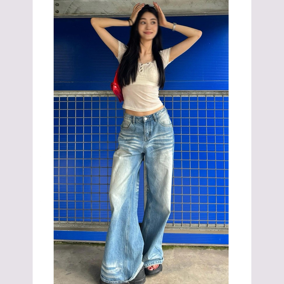 美式浅蓝阔腿牛仔裤女夏季新款高个子高腰宽松显瘦垂感拖地直筒裤
