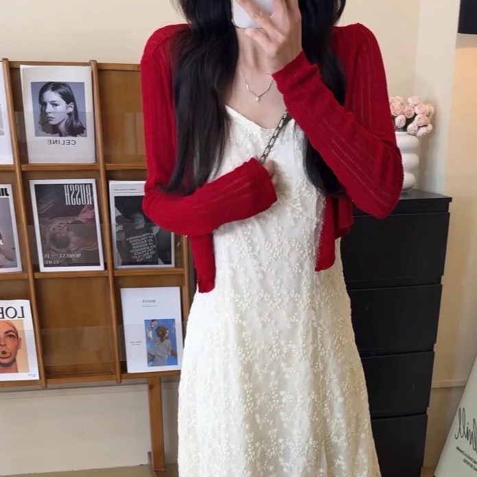 樱桃红针织开衫女小外套气质修身设计显瘦复古长袖连衣裙外搭雅苑