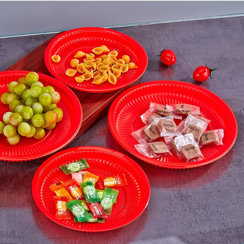 一次性红色喜庆盘子结婚家用婚礼乔迁红色塑料盘子一次性餐碗