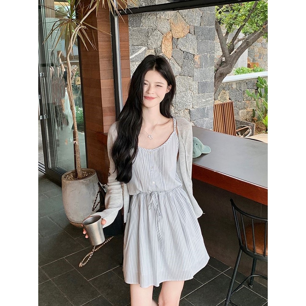 韩版简约条纹吊带连衣裙女抽绳设计防晒开衫时尚两件套装女夏季