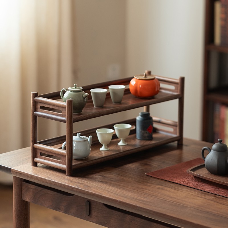 有清堂落地黑胡桃木置物架新中式实木收纳架客厅家用茶室杯架茶架