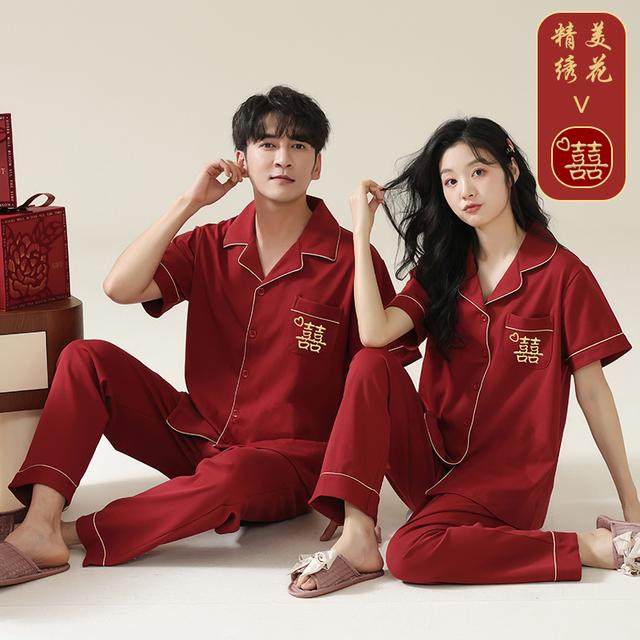 【刺绣双喜】100%纯棉结婚睡衣新婚情侣套装夏季短袖长裤红色家居,女士内衣/男士内衣/家居服,睡衣/家居服套装,淘宝优惠券,粉丝福利购,淘宝优惠卷