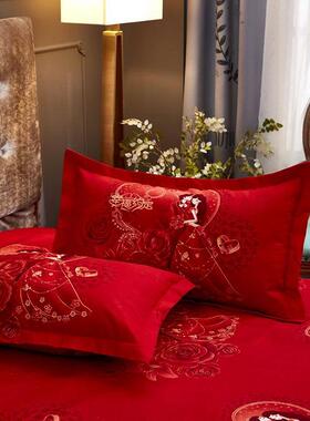 加厚纯水洗家用结婚枕套一对装大红色婚庆枕芯套48×74cm枕头套