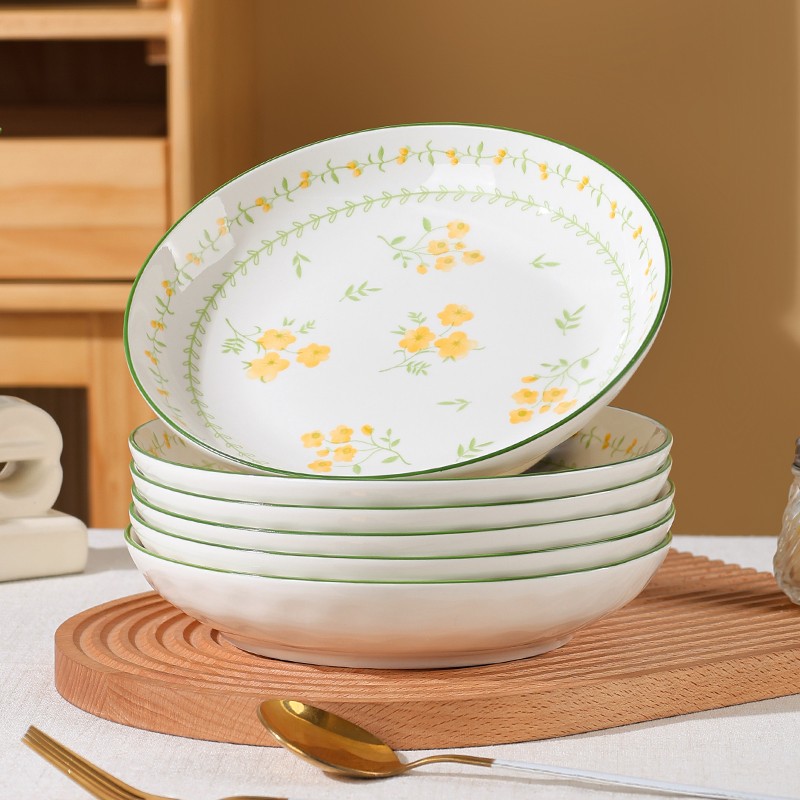 春意满园8英寸饭6只简约大气陶瓷餐具家用盘子釉下彩创意汤盘菜盘