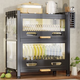 带门碗碟柜微波炉架子台面防蟑螂双层可抽拉碗碟架放碗杯子架家用