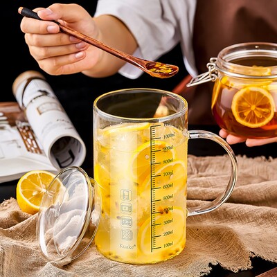 水杯大容量杯子耐高温玻璃杯子带刻度水杯带盖大水杯泡茶杯加大