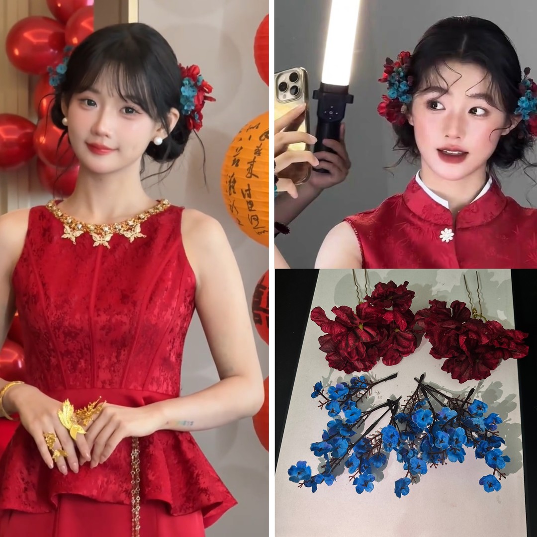 2025新款新中式新娘头饰森系晨袍礼服头花配饰复古仿真花红蓝花朵