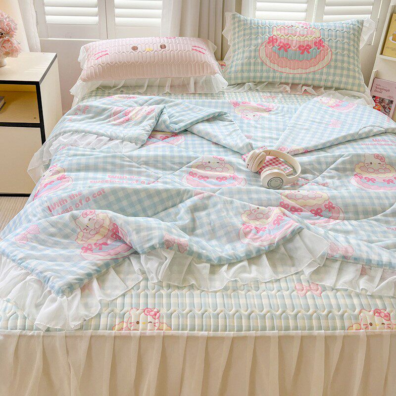 床裙款乳胶凉席夏被四件套公主风冰丝床罩席梦思床垫保护罩三件套