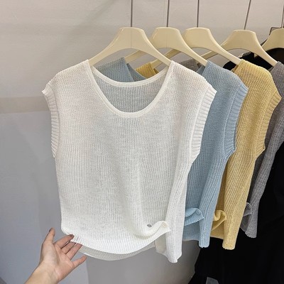 韩系新款针织背心圆领冰丝t恤短款多巴胺穿搭无袖上衣女夏高级感