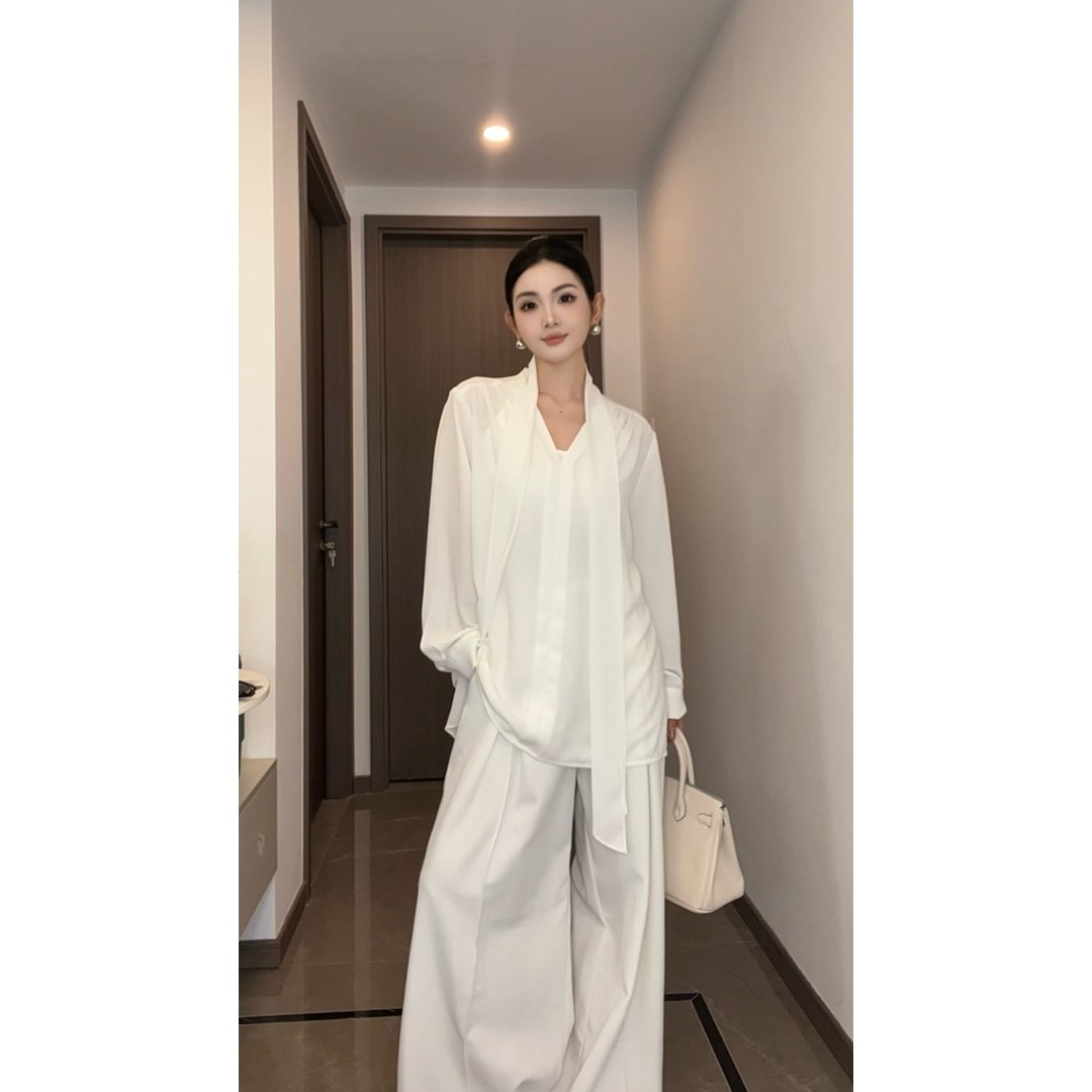 白色v领飘带衬衫女装夏季薄款设计感小众中长款上衣