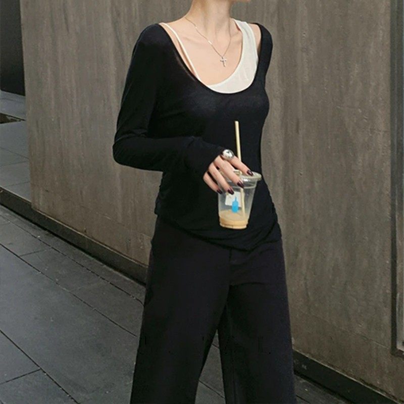 辣妹性格大U领长袖T恤女秋季新款修身内搭吊带背心两件套打底上衣,女装/女士精品,大码套装,淘宝优惠券,粉丝福利购,淘宝优惠卷