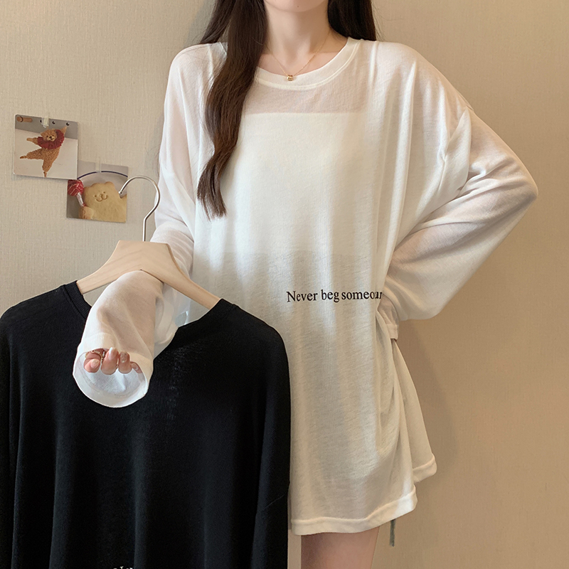宽松薄款竹节麻长袖T恤女夏大码胖mm中长款外搭防晒罩衫冰丝上衣