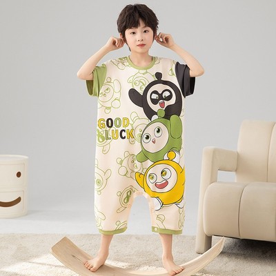儿童连体睡衣男童夏季纯棉薄款家居服2025新款小男孩防踢卡通睡袋