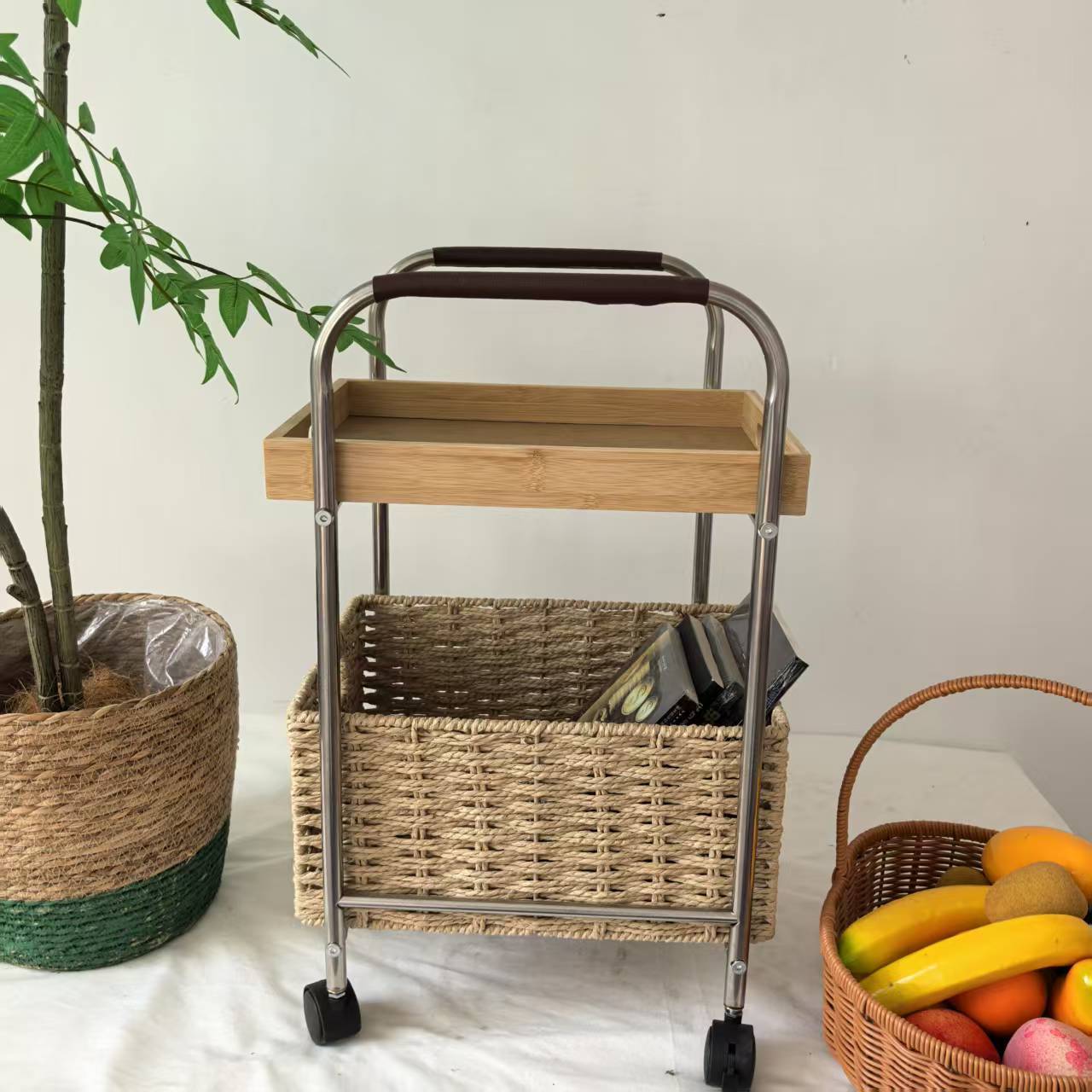 中古竹编置物架客厅宿舍家居带轮可移动零食架落地式置物架装饰