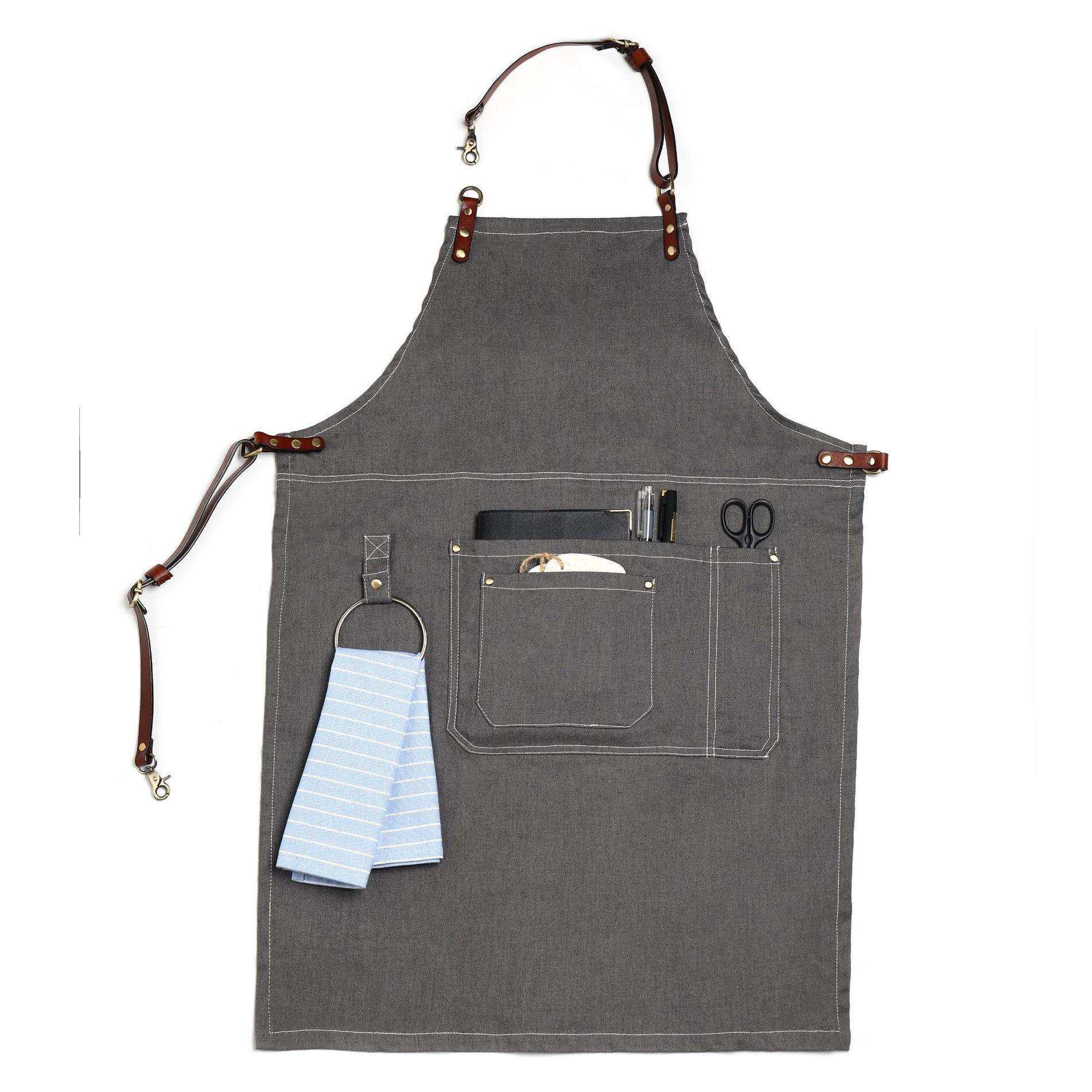 多口袋带毛巾挂环帆布围裙可调节皮革颈带餐馆奶茶店制服围裙