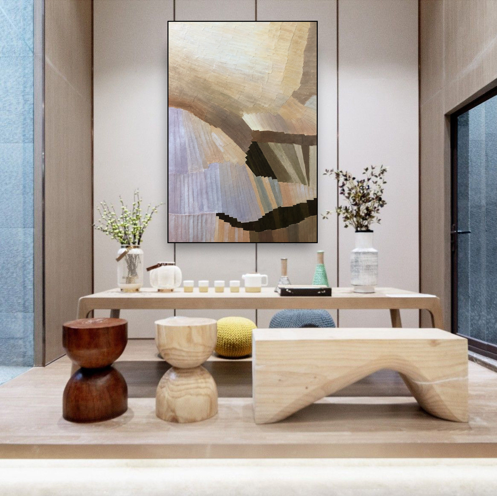 纯手工纸艺叠加环保丙烯上色带造型复制实物画酒店样板房挂画
