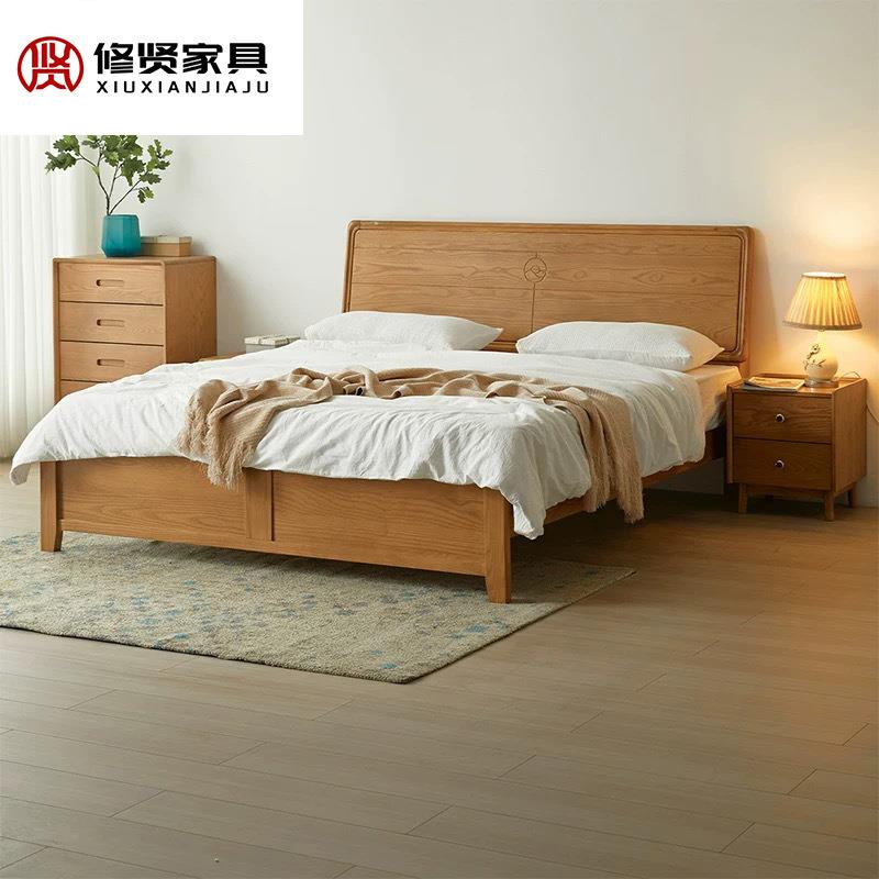 白蜡木简约现代北欧1.8米双人主卧大床民宿床1.2米原木床全实木床