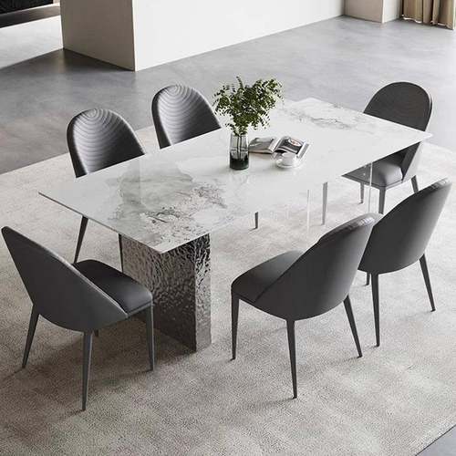 极简岩板餐桌餐椅透明亚克力不锈钢水波纹小户型长方形饭桌简约