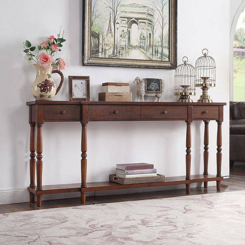 美式玄关台简约彩绘玄关桌条案桌靠墙边窄桌轻奢实木玄关柜置物架