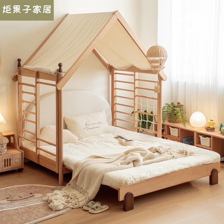 儿童床全实木带护栏男孩女孩可伸缩抽拉床儿童房树屋床炬果子