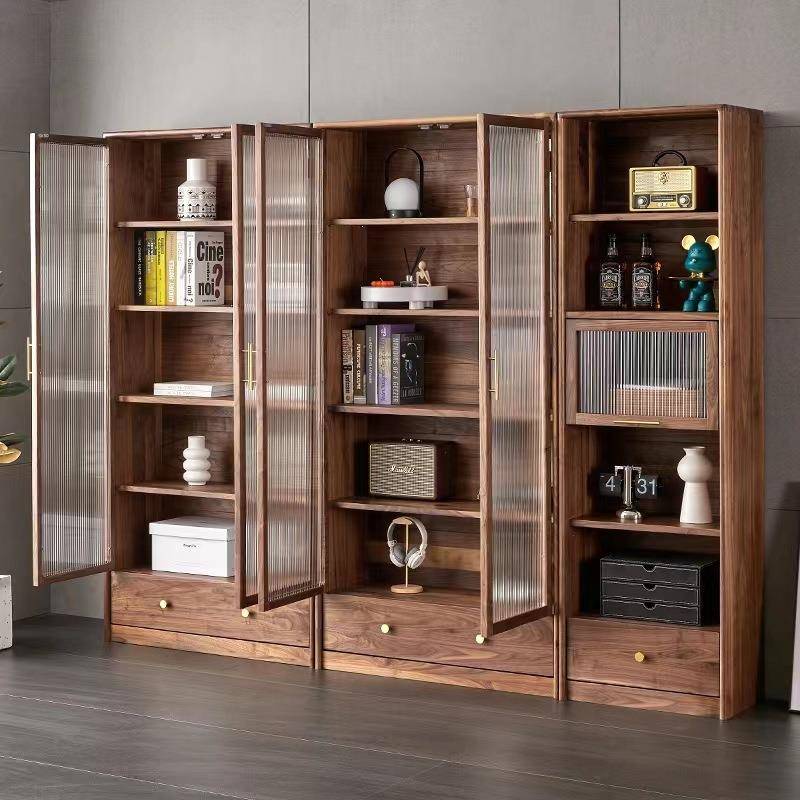 黑胡桃木组合书柜玻璃门防尘实木展示柜北欧现代简约靠墙书架落地