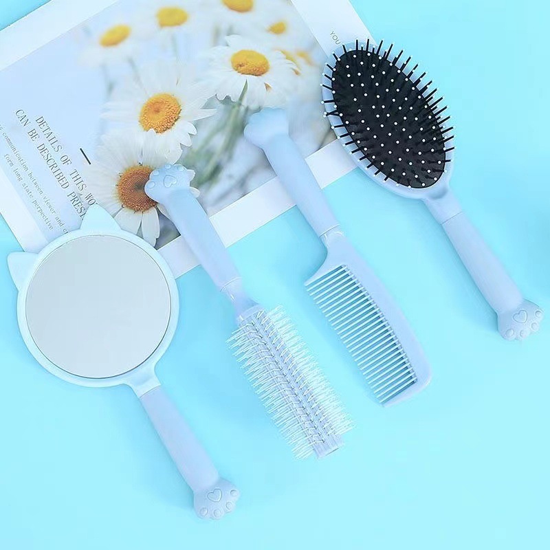 直供猫爪萌猪气垫梳子卷发梳女士化妆手持镜四件套镜梳套装批