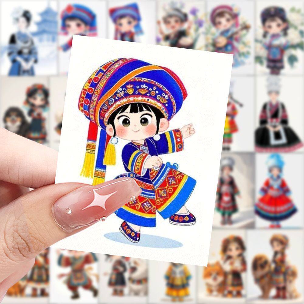新款少数名族插画贴纸ins高颜值动漫风精美民族传统服饰插画贴画