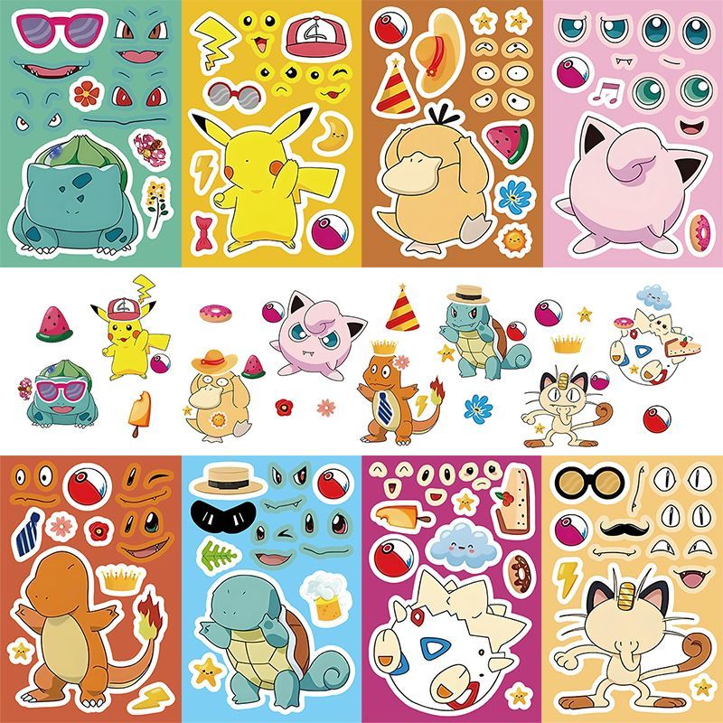 16张宝可梦拼图贴纸神奇宝贝皮卡丘儿童创意卡通装饰手账贴画