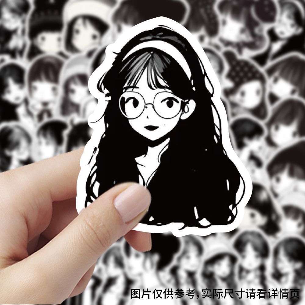 爆款Midjourney黑白简笔画少女头像贴纸装饰手机行李箱防水贴画