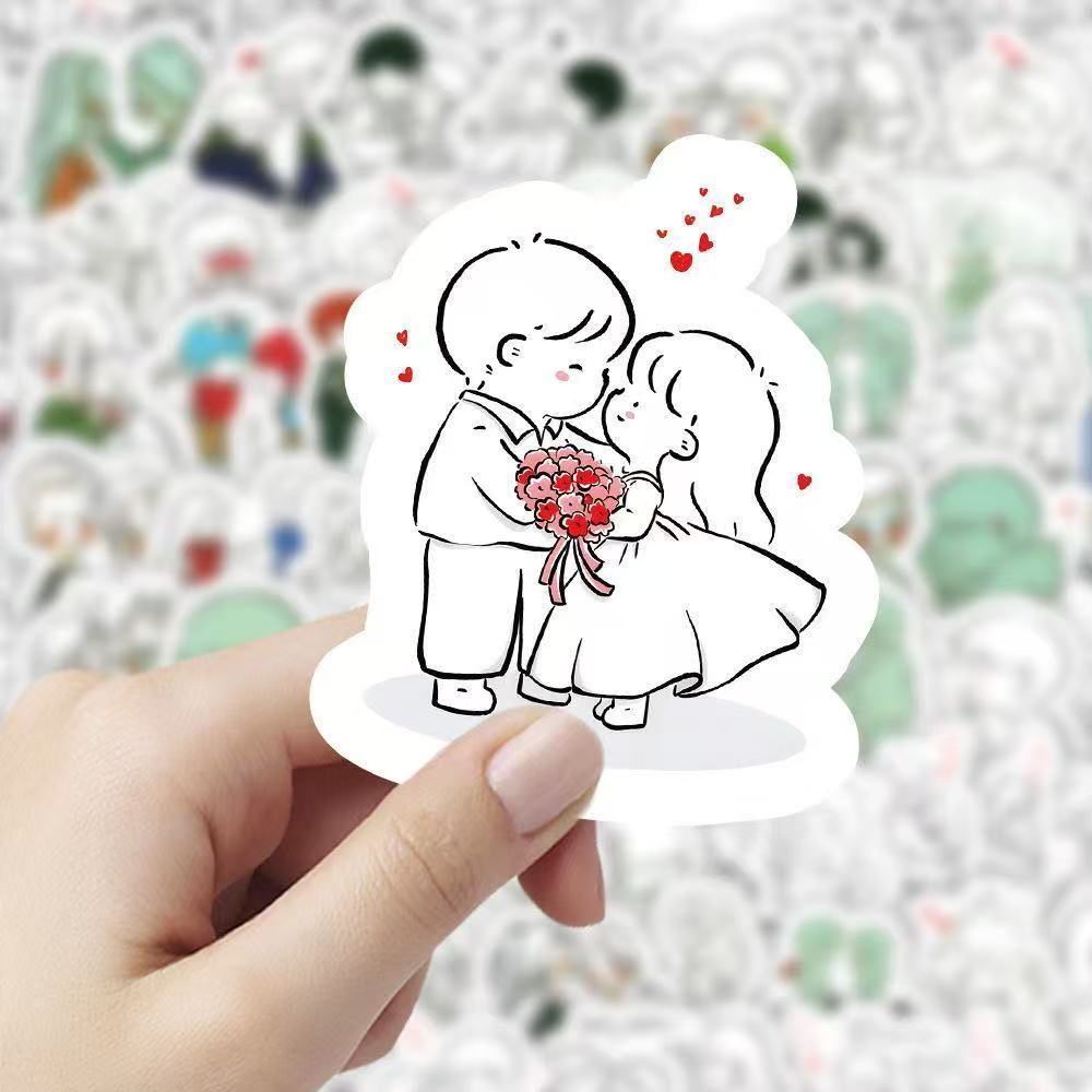 200张手绘简笔情侣可爱日常贴纸卡通diy装饰防水手账素材贴画图片