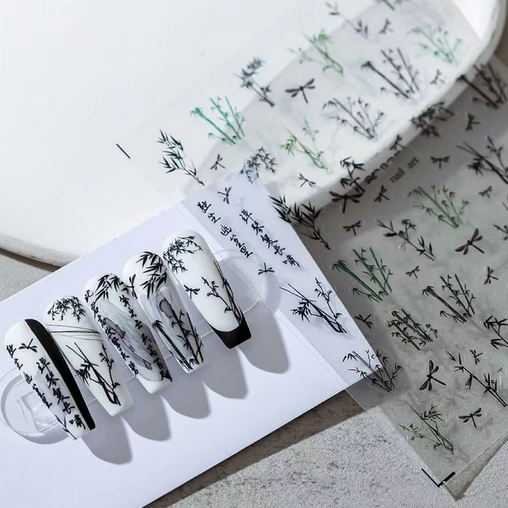 美甲水墨竹子贴纸复古竹叶黑色带背胶指甲薄韧贴花饰品古风国潮贴