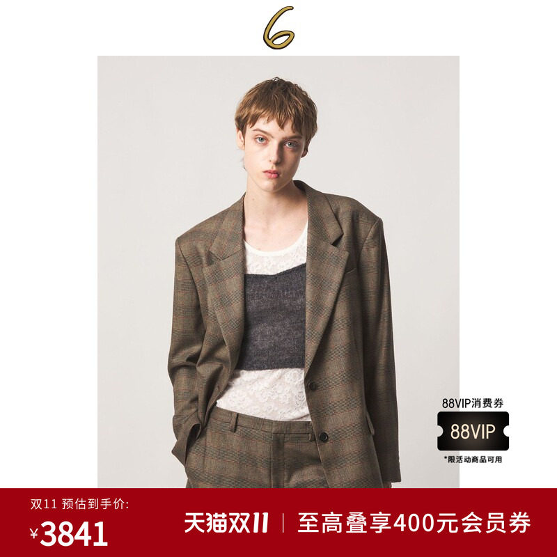 6 2026秋新品女装简约复古英伦格纹宽松羊毛西装外套86222000016