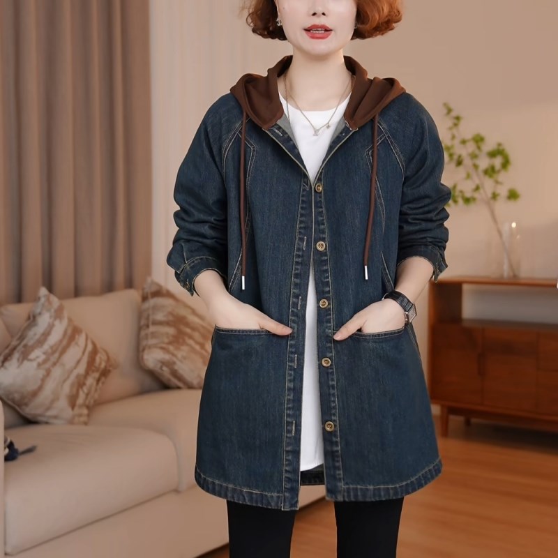 【高品质】中长款连帽遮臀牛仔外套女春秋新款大码宽松休闲上衣潮