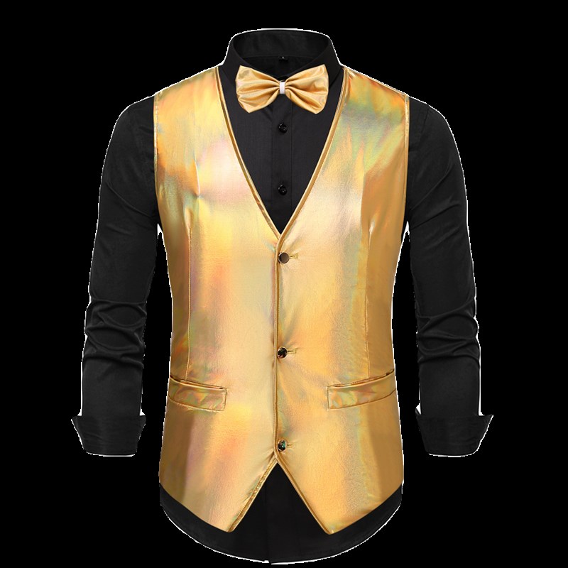 男士加大码西装背心主持人歌手舞台表演服金银色亮面仿皮西服马甲