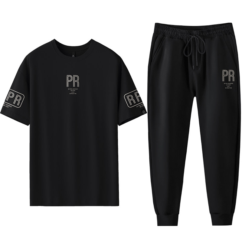 短袖套装男宽松春夏季潮休闲大码男装加肥加大胖子T恤长裤两件套