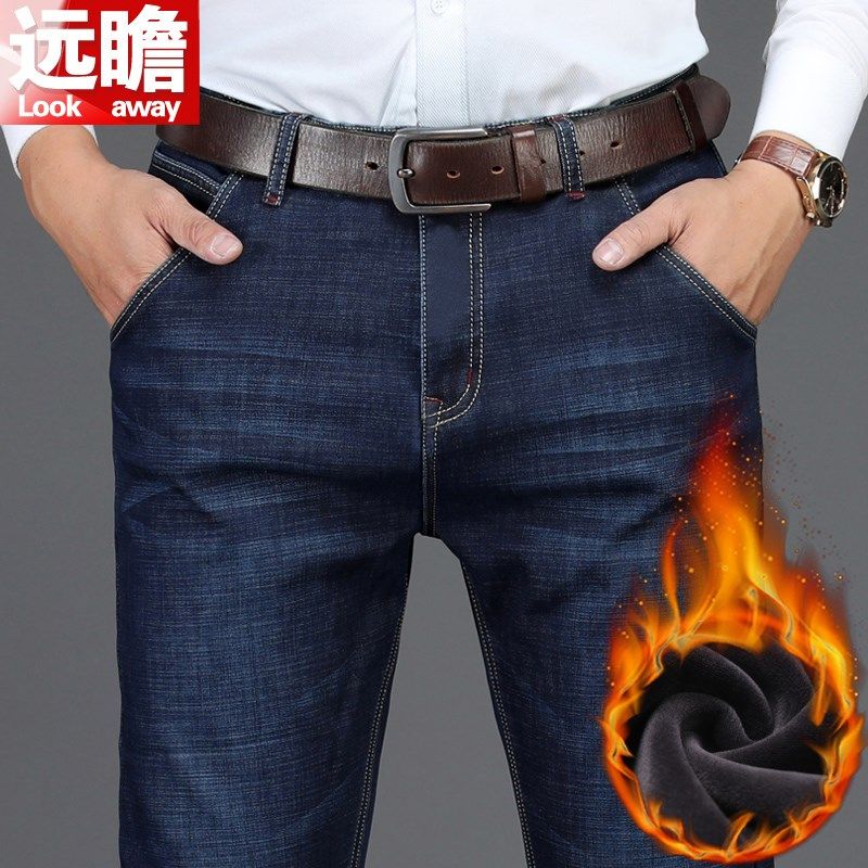 男士加绒加厚牛仔裤男直筒中年宽松长裤子冬季男款休闲男裤秋冬款