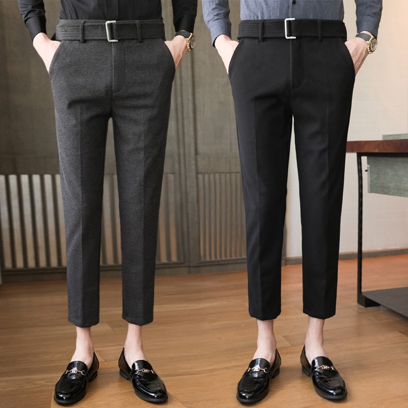 矮个子九分裤男士冬季9分8分西裤修身小脚弹力毛呢八分西装休闲裤